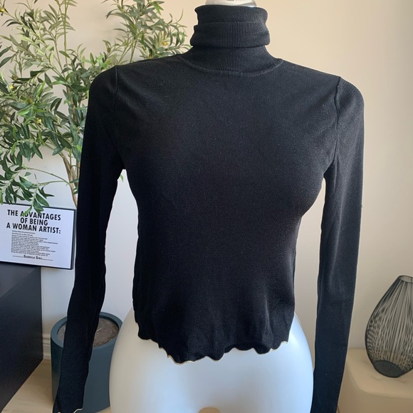 ZARA Black Ribbed Turtleneck Gold Trim Top S - Picture 1 of 4